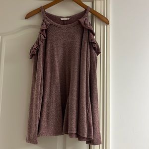 Dry Goods Heather Maroon Cold Shoulder Sweater With Ruffle Shoulders